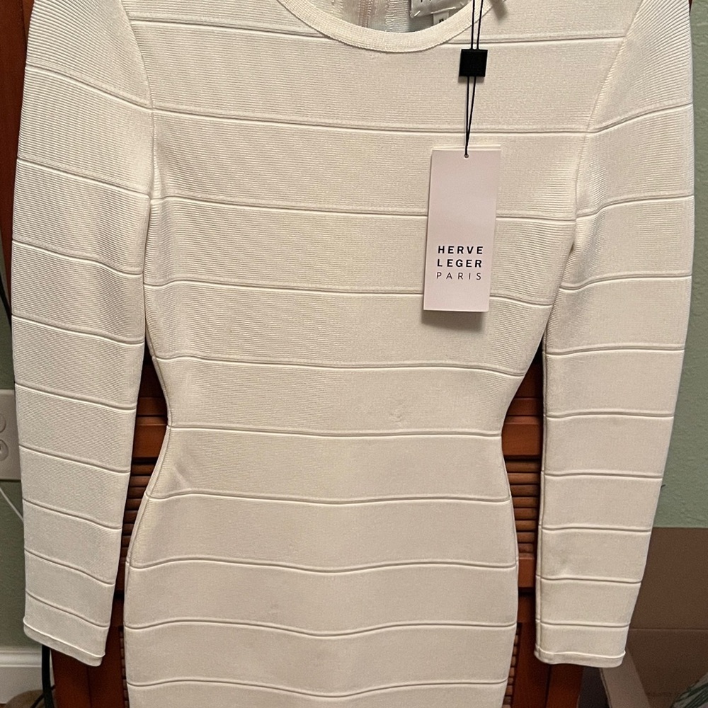 Herve Leger Cream Long Sleeve Bandage Bodycon Dress - Picture 2 of 6